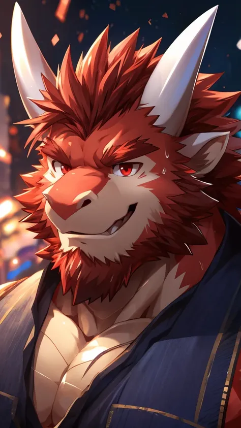 human nature, cannon, male, Solitary, ((Round Face, The face is plump, Red beard, Red eyes, Medium Red Hair, two white horn)), ((Muscular body, Bara, Hot, Sweat, Handsome)), ((Red Dragon, Dragon) Red Fur, Muscular body), Bokeh, (high quality, high resoluti...