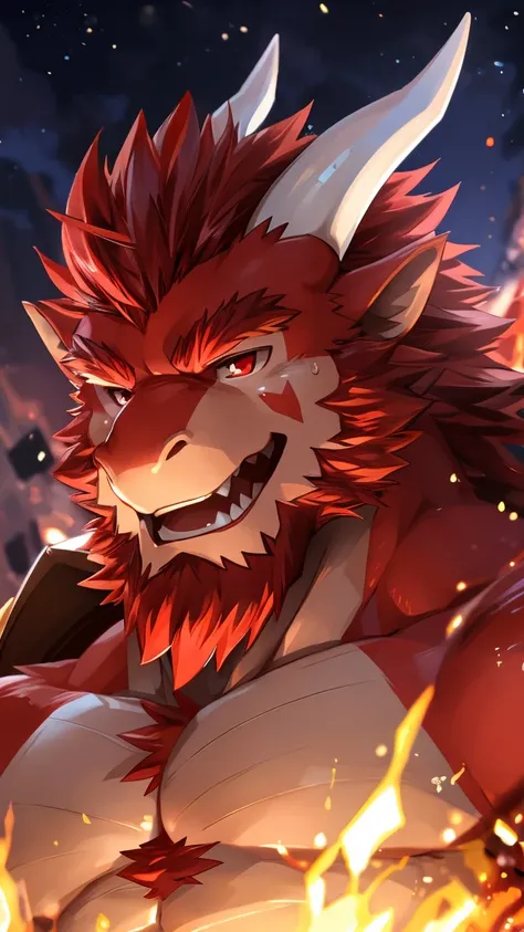 human nature, cannon, male, Solitary, ((Round Face, The face is plump, Red beard, Red eyes, Medium Red Hair, two white horn)), ((Muscular body, Bara, Hot, Sweat, Handsome)), ((Red Dragon, Dragon) Red Fur, Muscular body), Bokeh, (high quality, high resoluti...