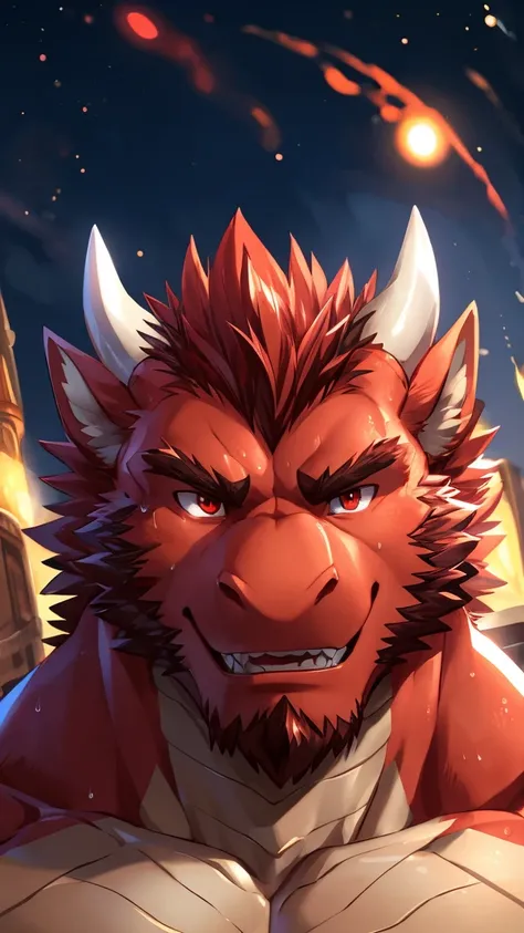 human nature, cannon, male, Solitary, ((Round Face, The face is plump, Red beard, Red eyes, Medium Red Hair, two white horn)), ((Muscular body, Bara, Hot, Sweat, Handsome)), ((Red Dragon, Dragon) Red Fur, Muscular body), Bokeh, (high quality, high resoluti...