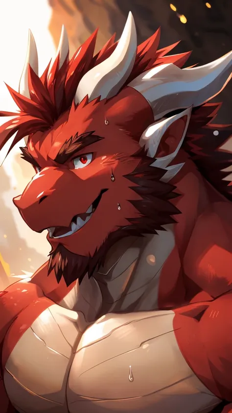 human nature, cannon, male, Solitary, ((Round Face, The face is plump, Red beard, Red eyes, Medium Red Hair, two white horn)), ((Muscular body, Bara, Hot, Sweat, Handsome)), ((Red Dragon, Dragon) Red Fur, Muscular body), Bokeh, (high quality, high resoluti...