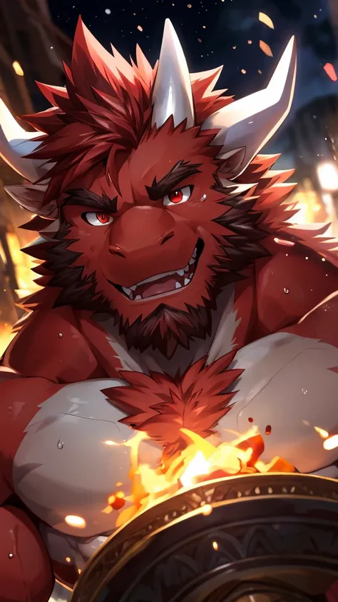 human nature, cannon, male, Solitary, ((Round Face, The face is plump, Red beard, Red eyes, Medium Red Hair, two white horn)), ((Muscular body, Bara, Hot, Sweat, Handsome)), ((Red Dragon, Dragon) Red Fur, Muscular body), Bokeh, (high quality, high resoluti...