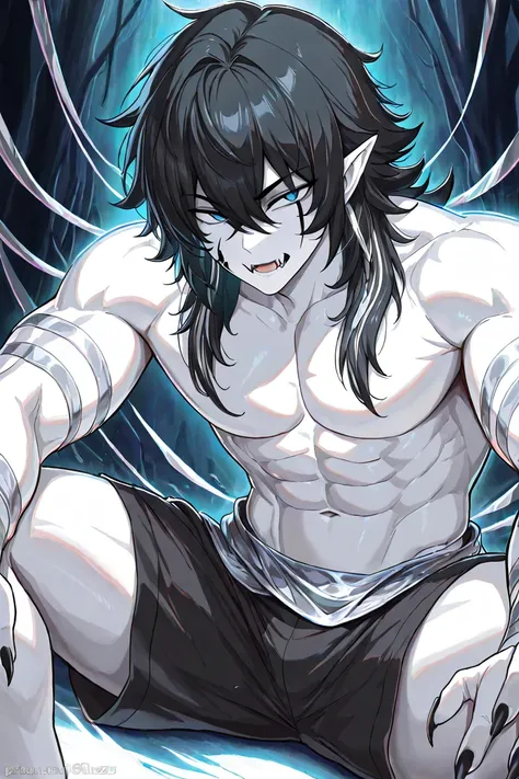 BEST QUALITY, ULTRA DETAILED, PERFECT ANATOMY, ALONE, 1boy, black hair, medium shaggy hair, pointy ears, slit eyes, blue eyes, toned, white skin, big thick red tribal stripes on face, chest, stomach, arms and legs, (no shirt), black shorts, sharp nails, sh...