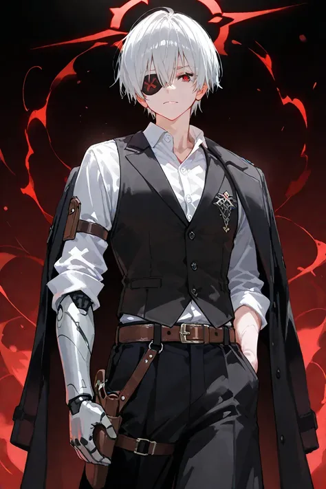 BEST QUALITY, ULTRA DETAILED, PERFECT ANATOMY, INTRIGUING DETAILS, MAN, ALONE, 1 boy, medium white hair, red right eye, left eyepatch, thin tone, 1 metallic black robotic arm, black dress shirt, brown belt, white button-up shirt, black vest, black baggy pa...