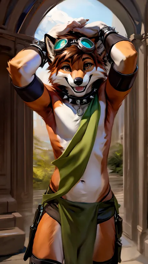  Furry, furry, ager, red fox, spiked brown hair only on head, collar, brown eyes, goggles, green loincloth, green scarf, elbow pads, knee pads, masterpiece, No muscles, Detailed hands, detailed face, detailed eyes, detailed body, Flat body, Skinny, claws, ...