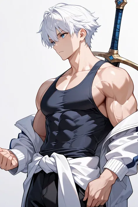 best quality, ultra detailed, masterpiece, defined body, detailed hands, ((male )), boy, alone, blue eyes, white hair, short hair, blue eyes, bangs, tight black tank top, defined body, defined muscles, toned body, white jacket, jacket tied at the waist, bl...