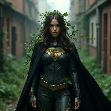 a female black-caped superhero infected by nature, taking a realistic photo