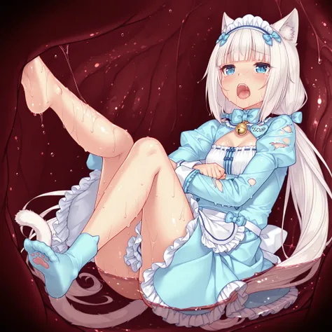 low twintails, white hair, blunt bangs, blue eyes, slit pupils, animal ears, cat tail, white tail
VanillaMaidLight, hair bow, blue bow, white headdress, blue bowtie, frilled dress, blue dress, neck bell, cleavage cutout, juliet sleeves, long sleeves, name ...