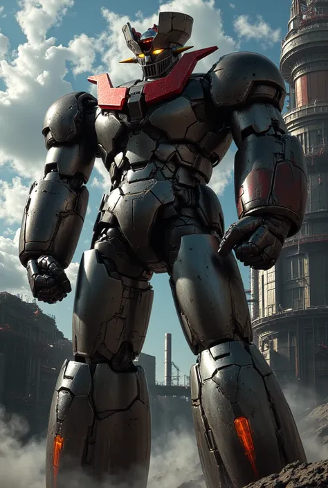  a very realistic version of Mazinger Z like the god of steel,  is in a battle pose while leaning forward at 100 meters high　Nuclear reactor equipment, cutting-edge science, giant plant 　 under construction and being converted into a Great Mazinger 　　