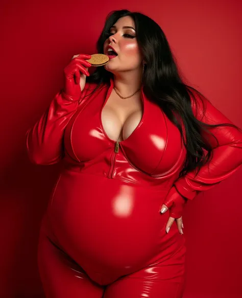 women in a her bright red latex spy suit, saggy large boobs, compulsively eating cookies from a box, bright lighting, detailed face, large fat waist, hypnotized, medium close-up, double chin, belly shown