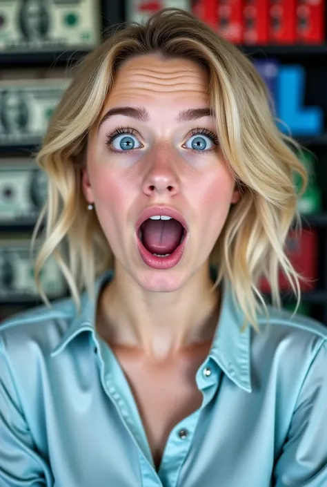 A young woman with light blonde hair, likely Caucasian, is featured in the image. She is positioned slightly left of center in the frame, and is oriented directly facing the viewer.  Her expression is one of surprise or excitement, with her mouth open in a...