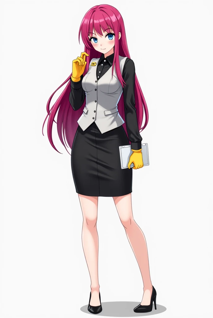  anime girl image, (appearance: adult,  Long magenta hair , bangs with a golden clip on the left side,  sky blue eyes, pale skin,  sturdy build ) (Clothes: light grey vest,  black long sleeve shirt, black office skirt,  yellow gloves, pantimedias, heels,  ...