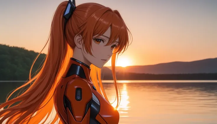 4n1v3rs3,  score_9,  score_8_ up,  score_7_ up,   Aska Langley Souliu  , adult,  flirting,  long orange hair ,  floating hair ,  cowboy shooting,  artistic photo ,  red evangelion plug suit, A faint smile:0.3,  head tilt,  detailed color, backlit, (sunset,...