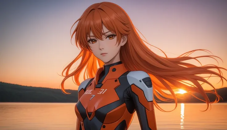 4n1v3rs3,  score_9,  score_8_ up,  score_7_ up,   Aska Langley Souliu  , adult,  flirting,  long orange hair ,  floating hair ,  cowboy shooting,  artistic photo ,  red evangelion plug suit, A faint smile:0.3,  head tilt,  detailed color, backlit, (sunset,...