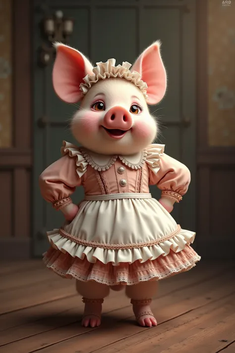 photorealistic portrait of Dressed animals - a ((fat))  (baby pig) maid, (art by Giuseppe Arcimboldo:1.2),(full body image:1.5),(furry),(happy smile),(hands on hips:1.5), ,(intricate detailed (Lolita Fashion:1.5), highly detailed clothes,ruffle headband, L...