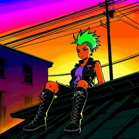 A punk rocker with a bright green mohawk sits at ease on the roof, demonstrating a rebellious attitude. The character is wearing a sleeveless vest with various patches and spikes, ripped jeans and heavy boots in classic punk rock style. Large speakers are ...