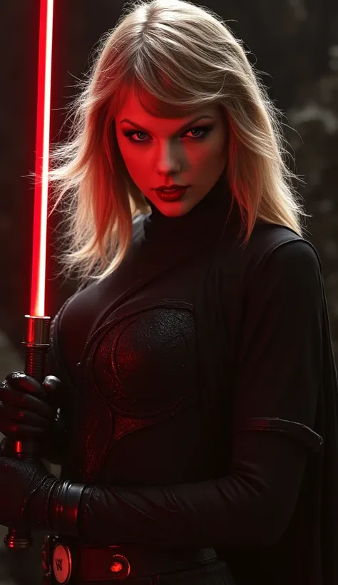 full body shot, taySwift as female warrior, sith lord, star wars, red lightsaber in her hand, intricate details,beautiful detailed eyes,blonde hair,big breasts,huge cleavage, beautiful detailed lips, extremely detailed face, long eyelashes, evil look, diab...