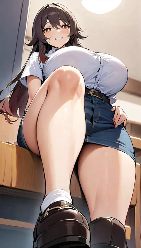 hu_tao(genshin impact),from below,masterpiece, best quality, highres, JK,huge tit,1girl,full body,breasts,looking at viewer,smile,denim skirt with a belt,shirt tucked in,blue denim skirt,tented shirt,in school