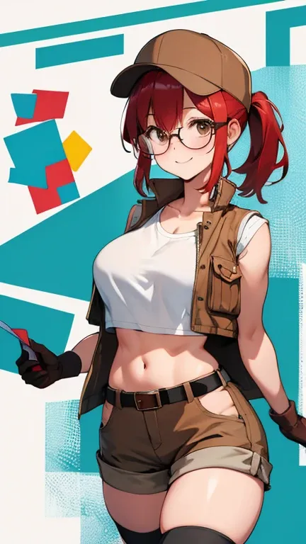 (until,  envelopes: 1.2),  illustration , 8K,  high definition , 1, Alone, torso, (retrato: 1.2),  big breasts, circular glasses, has, High-neck, stomach, Gloves, belly button, baseball cap,  Opening between the thighs , high knee pads,  shorts ,  hair in ...