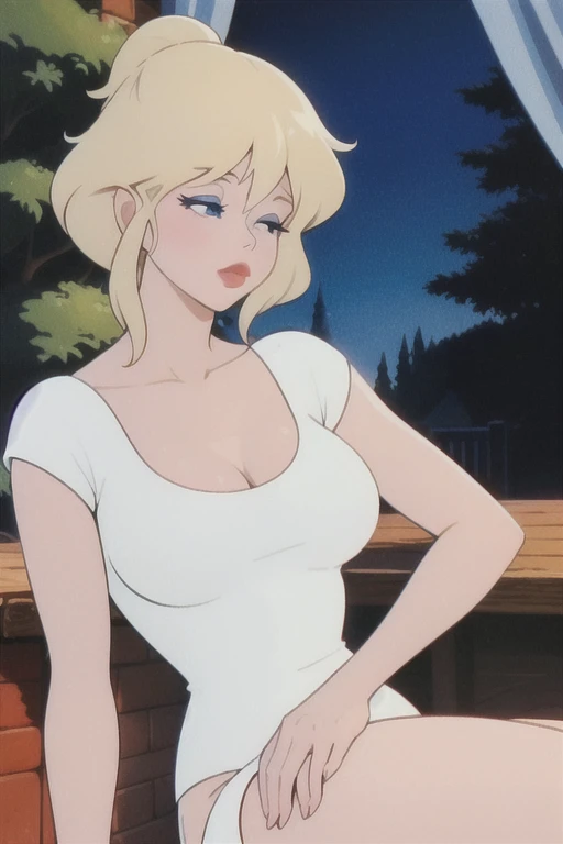 inexperienced, 1 girl, Alone ,  Looking at the spectator,  hair, Blue eyes,  blond hair ,  medium breasts,  upper body,  make-up,  retro artstyle,  1980s  (style) _hair _sleeves sitting sleeping smile Alone  t-shirt tree upper_white body_ventana de camisa