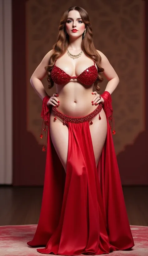 Mckenna Grace in a red dress posing on a stage, a 3D render inspired by Torii Kiyonobu I, Artstation, arabesque, epic 3 d oshun, ((she is dressed as a belly dancer)), big tits, cinematic goddess body shot, hyperrealistic full figure, artstation masterpiece...