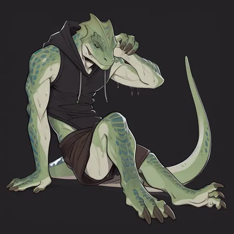 A handsome lizard man with green scales, wearing a black sleeveless hoodie, sweat-drenched, suggestive pose, wounded, flat color, professional concept art, extremely detailed