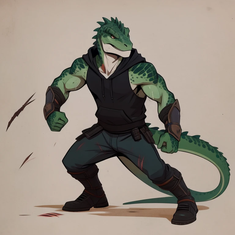 A handsome lizard man with green scales, wearing a black sleeveless hoodie, sweat-drenched, warrior, fighting pose, wounded, flat color, professional concept art, extremely detailed