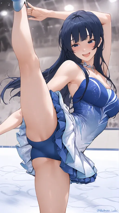 A woman are ice dancing, Indoor skating rink, my skirt is fluttering, blue mini dress, solo, masterpiece, high resolution, best quality, open mouth, reika aoki, open eyes, smile, leg up