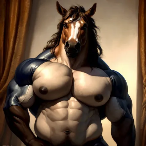 by personal, by place, by honovy, por taran fiddler, male, Alone, anthropo (horse), adult, (( photorealistic ,  hyperrealistic,  ultra Detailed ,  4k high definition )), big penis, uncut penis, pose natural, (muscular,  big pecs :1.6), ((Swelling while eja...