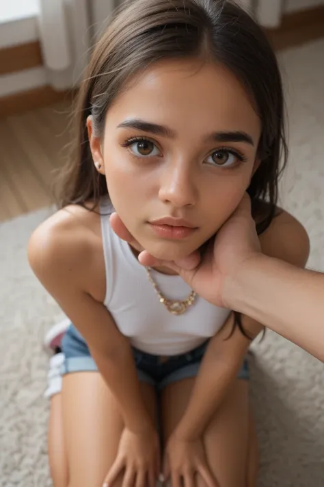 Young petite latina looking up on knees pov Eyes nervous hand around neck