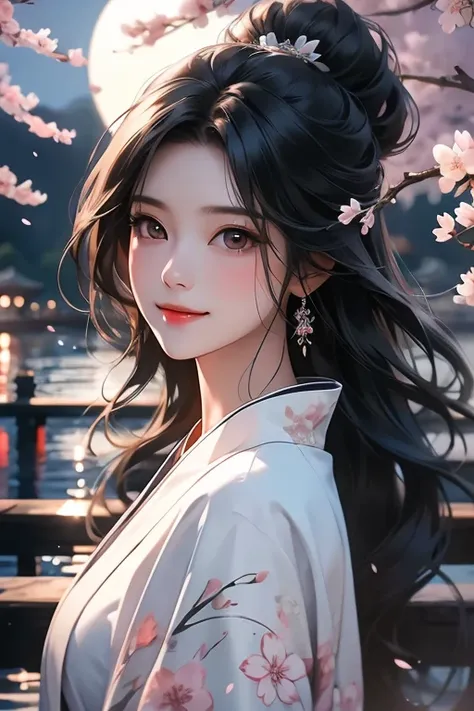 Best Quality, Masterpiece, Hi-Res, One lady, 30, in white kimono, long black hair, Beautiful Face, slight smile, full moon night and cherry blossom in background, soft lighting, high quality, volumetric lighting, candid, high resolution, 4k, 8k