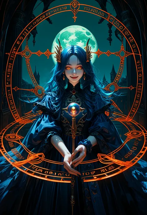  Long bright dark blue hair  。 Mysterious golden eyes 。  innocent smile 。 sacred maiden  。  black empire dress framed with red lace 。  exquisite magic circle with mysterious green moon and purple night sky 。  long magic wand and dark soul orb  。