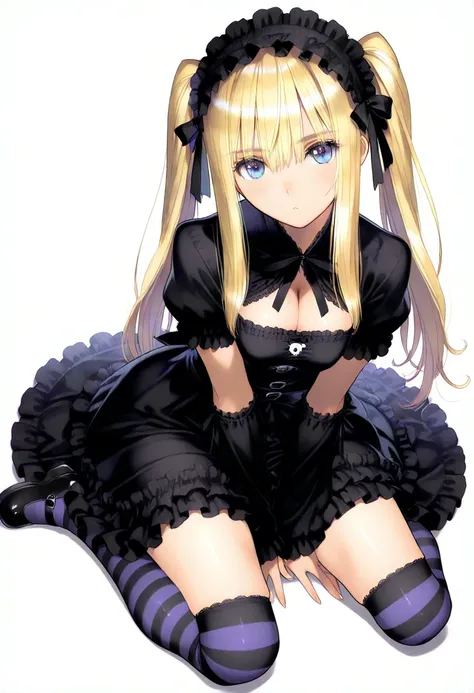 1girl, twintails, blond hair, sidelocks, blue eyes, long hair, lolita fashion, dress, thighhighs, black dress, frills, short sleeves, (frilled dress:1.2), hairband, neck ribbon, detached sleeves, shoes, arm warmers, mary janes, socks, frilled sleeves, over...