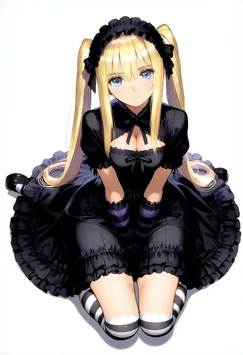 1girl, twintails, blond hair, sidelocks, blue eyes, long hair, lolita fashion, dress, thighhighs, black dress, frills, short sleeves, (frilled dress:1.2), hairband, neck ribbon, detached sleeves, shoes, arm warmers, mary janes, socks, frilled sleeves, over...