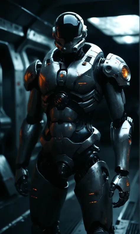 score_9, score_8_up, score_7_up, score_6_up, dead space, dead space, cyborg, robot, male, black armor, standing, looking at viewer, tubes sticking out of body, metal exoskeleton, space, dark theme, depth of field, bokeh