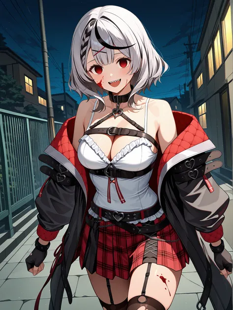 score_9, score_8_up, score_7_up, score_6_up, score_5_up, score_4_up, source_anime, aachloe, medium hair, streaked hair, grey hair, x hair ornament, braided bangs, red eyes, breasts, black collar, harness, cleavage, belt bra, white camisole, black jacket, o...