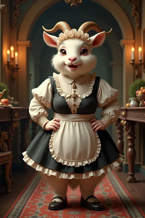 photorealistic portrait of Dressed animals - a ((fat))  (baby goat) maid, (art by Giuseppe Arcimboldo:1.2),(full body image:1.5),(furry),(happy smile),(hands on hips:1.5), ,(intricate detailed (Lolita Fashion:1.5), highly detailed clothes,ruffle headband, ...