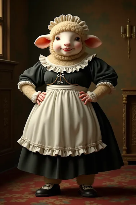 photorealistic portrait of Dressed animals - a ((fat))  (baby sheep) maid, (art by Giuseppe Arcimboldo:1.2),(full body image:1.5),(furry),(happy smile),(hands on hips:1.5), ,(intricate detailed (Lolita Fashion:1.5), highly detailed clothes,ruffle headband,...