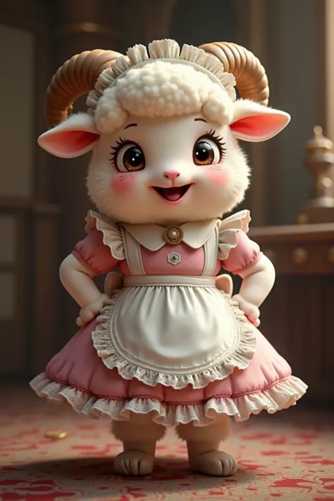 photorealistic portrait of Dressed animals - a ((fat)) chibi (baby sheep) maid, (art by Giuseppe Arcimboldo:1.2),(full body image:1.5),(furry),(happy smile),(hands on hips:1.5), ,(intricate detailed (Lolita Fashion:1.5), highly detailed clothes,ruffle head...