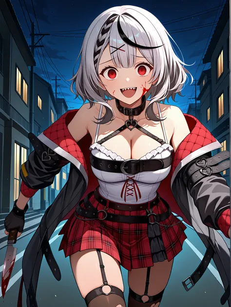 score_9, score_8_up, score_7_up, score_6_up, score_5_up, score_4_up, source_anime, aachloe, medium hair, streaked hair, grey hair, x hair ornament, braided bangs, red eyes, breasts, black collar, harness, cleavage, belt bra, white camisole, black jacket, o...