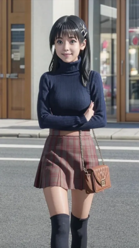 pixel perfect, Perfect in every detail, alone, 1 girl, Saten Ruiko, medium breasts,wave hair,turtleneck,,mini skirt,smile,stylish pose,stylish angle,looking at the viewer,in the center of the image,alone,