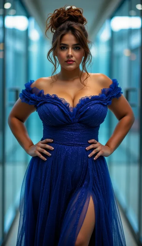 arafed big curvy indian woman in a glittering premium sleeveless one off shoulder sapphire blue rose layerered fabric intricate mini frock gown slitted at thigh exposing front leg,showing cleavage,standing frontal facing showing front part looking straight...