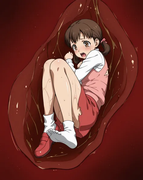 doujima nanako, brown hair, low twintails, brown eyes, pink dress, white sleeves, red skirt, white socks, red shoes,,
, solo, 1girl,,   InternalVore, inside stomach, tight space, vore, deep red water, stomach acid, gastric acids, wet, (wet skin:1.4), despa...