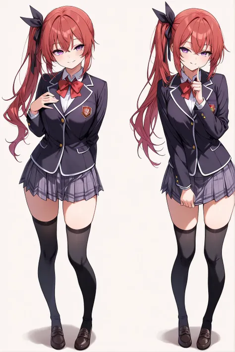 ((masterpiece, best quality, extremely detailed)), 1girl, red hair, long hair, side ponytail, purple eyes, hair ribbon, school uniform, black thighhighs, seductive smile, standing, looking at viewer, full body, no cropping, simple background,