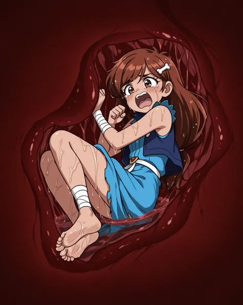 score_9, score_8_up, score_7_up, score_6_up, score_5_up, 1girl, mariposa diaz, vest, blue dress, bandages, brown hair, long hair, brown eyes, bone hair ornament, 
, solo, 1girl,,   InternalVore, inside stomach, tight space, vore, deep red water, stomach ac...