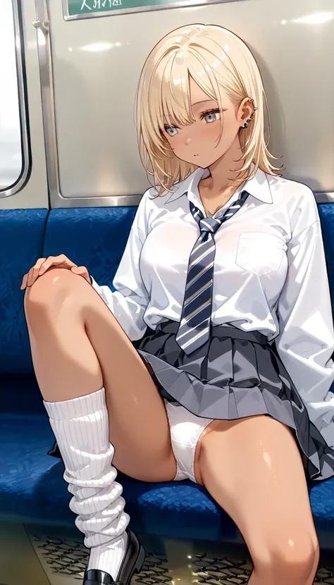  sit on the train seat , gray eyes,  Blonde ,  medium hair ,   big breasted  ,  Dark Skin,  ear piercing,  white shirt, clavicle,    long sleeve  ,  striped tie,  pleated skirt, loose socks, white panties on the shelf 