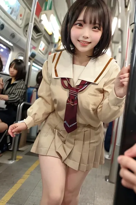  best quality , Masterpiece,   super high definition , (reality: 1.4),   original photo  , 3 women,  mature, smile,  short hair,   plump body, , Cinema Lighting, from below,  crowded train with shibari on、 ahehe:1.1、remote vibrating egg:1.1,  Japanese High...