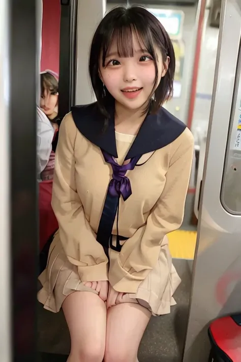  best quality , Masterpiece,   super high definition , (reality: 1.4),   original photo  , 3 women,  mature, smile,  short hair,   plump body, , Cinema Lighting, from below,  crowded train with shibari on、 ahehe:1.1、Open your mouth a little,remote_vibratin...