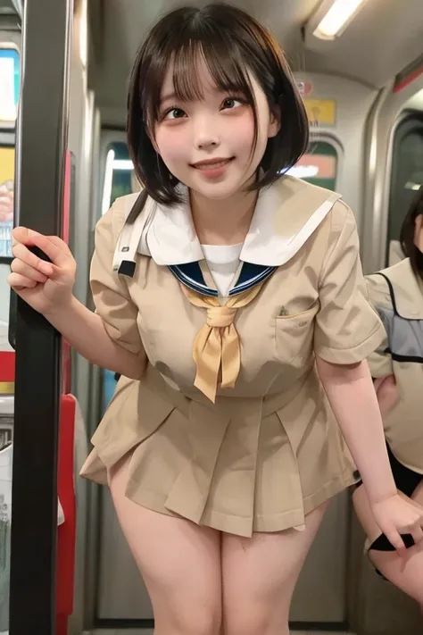  best quality , Masterpiece,   super high definition , (reality: 1.4),   original photo  , 3 women,  mature, smile,  short hair,   plump body, , Cinema Lighting, from below,  crowded train with shibari on、 ahehe、remote vibrating egg,  Japanese High School ...