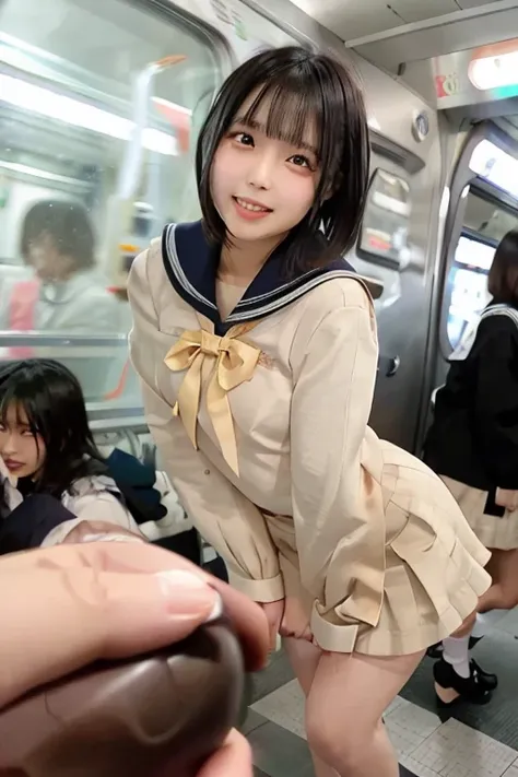  best quality , Masterpiece,   super high definition , (reality: 1.4),   original photo  , 3 women,  mature, smile,  short hair,   plump body, , Cinema Lighting, from below,  crowded train with shibari on、 ahehe:1.1、Open your mouth a little,remote_vibratin...