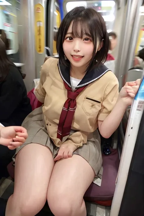  best quality , Masterpiece,   super high definition , (reality: 1.4),   original photo  , 3 women,  mature, smile,  short hair,   plump body, , Cinema Lighting, from below,  crowded train with shibari on、 ahehe:1.1、Open your mouth a little,remote_vibratin...